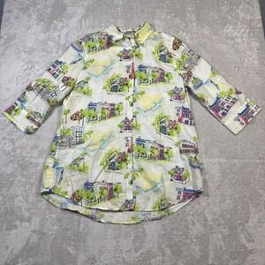 Chicos Linen Button Up Shirt Women's Size M 8/10 Tropical Coastal Print No Iron